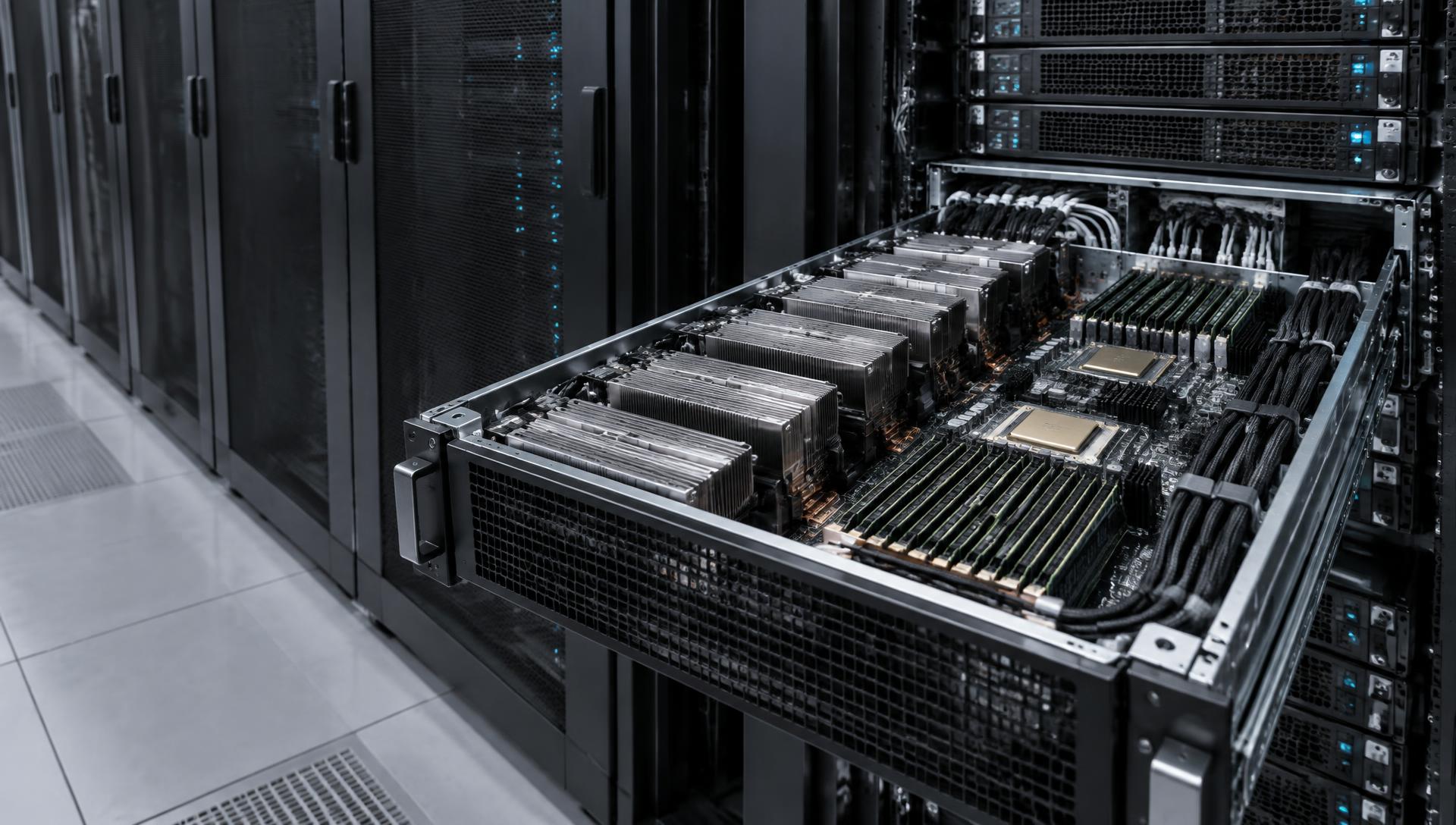 Illustrative GPU server with accelerator heat sinks, processors and memory inside a data center